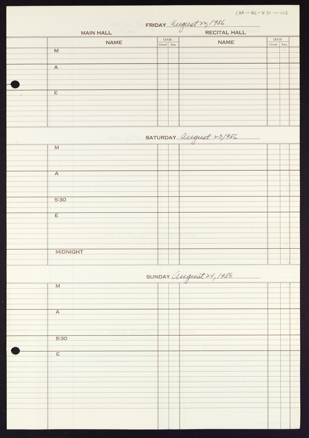Carnegie Hall Booking Ledger, volume 31, page 103