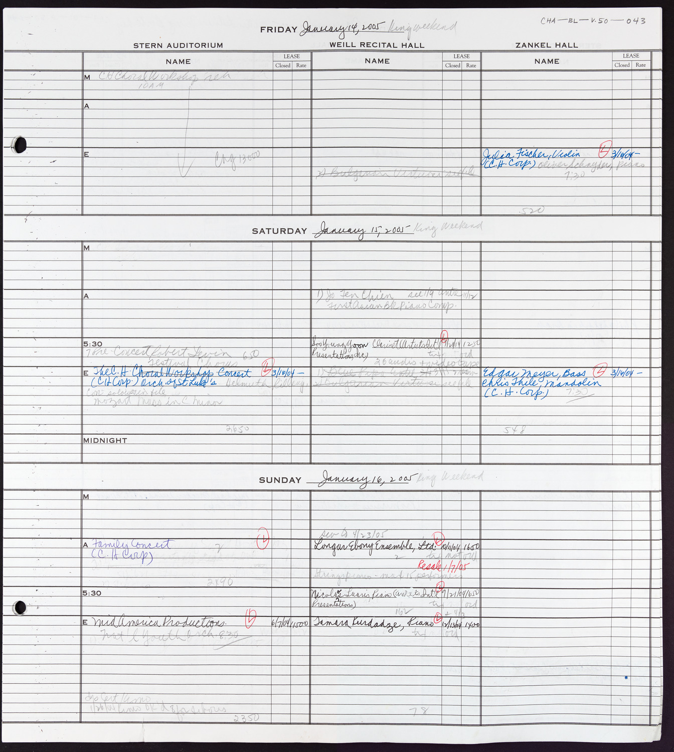 Carnegie Hall Booking Ledger, volume 50, page 43