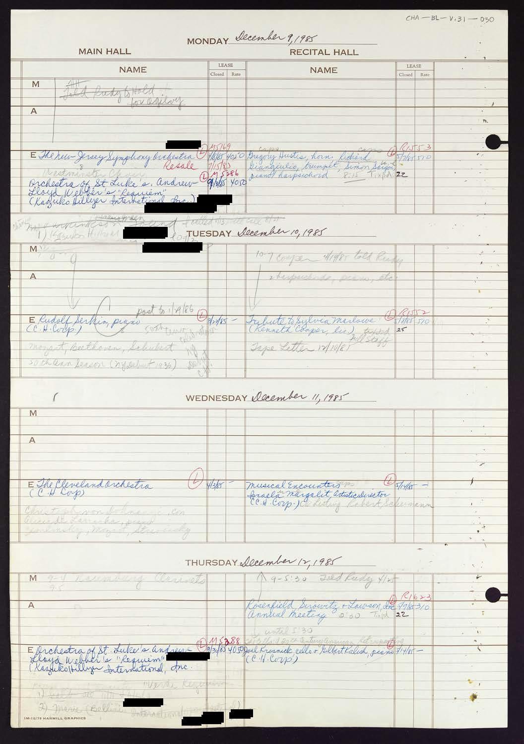 Carnegie Hall Booking Ledger, volume 31, page 30