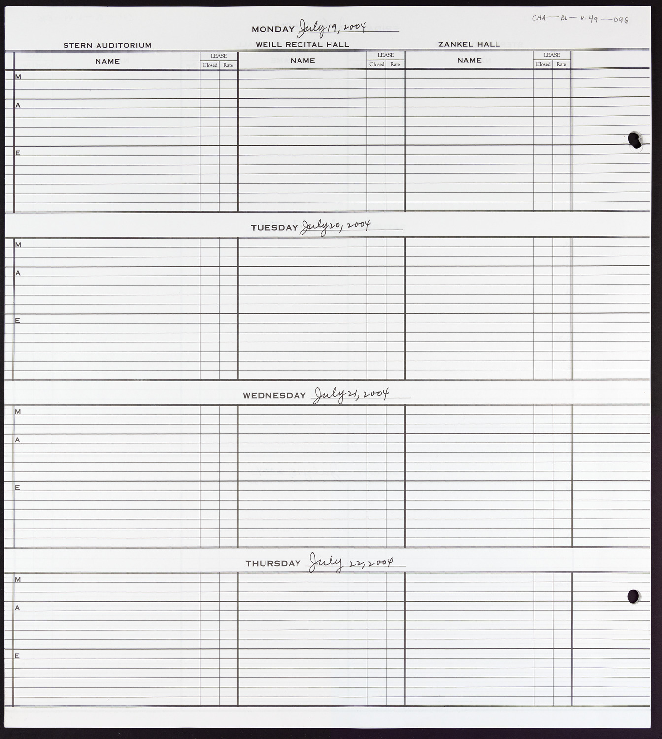 Carnegie Hall Booking Ledger, volume 49, page 96