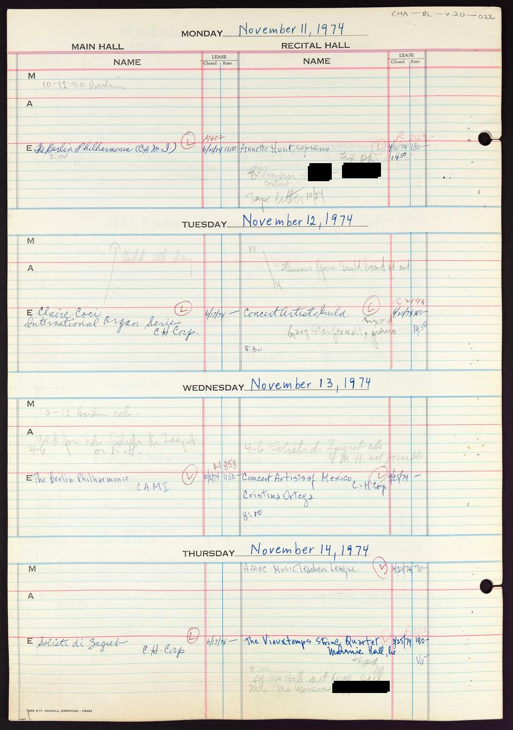 Carnegie Hall Booking Ledger, volume 20, page 22