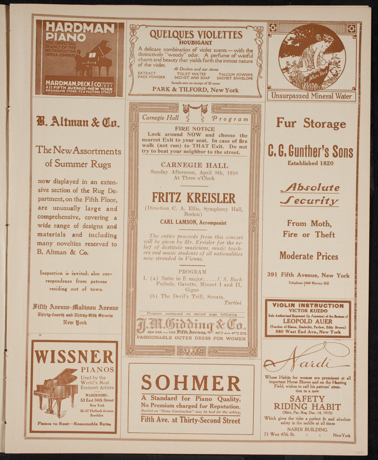 Fritz Kreisler, Violin, April 9, 1916, program page 5
