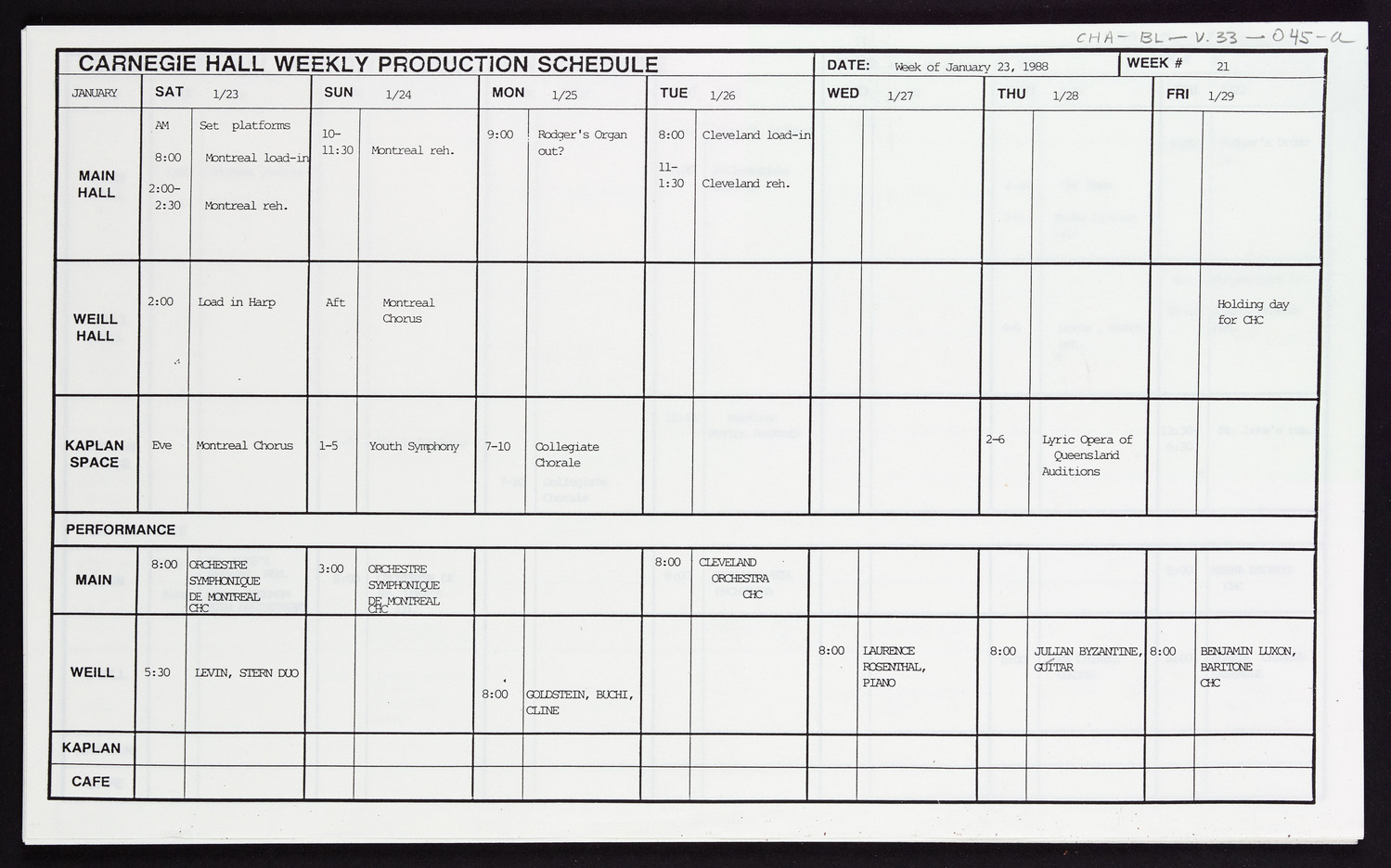 Carnegie Hall Booking Ledger, volume 33, page 45a