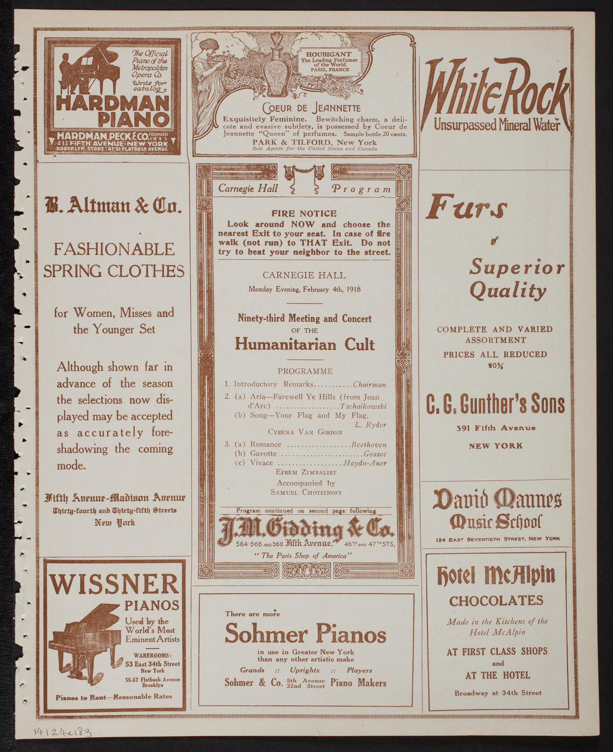 Meeting: The Humanitarian Cult, February 4, 1918, program page 5