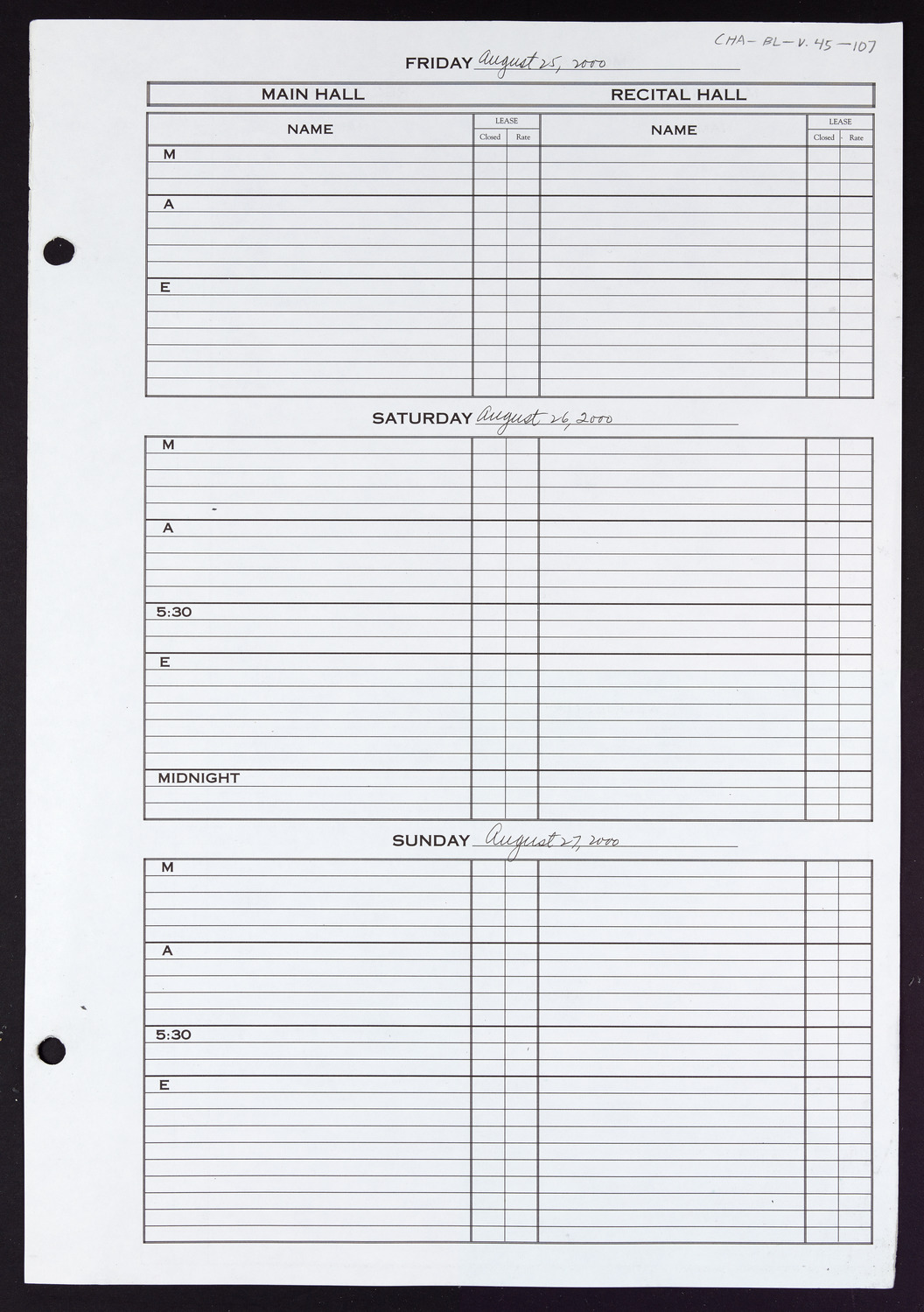 Carnegie Hall Booking Ledger, volume 45, page 107