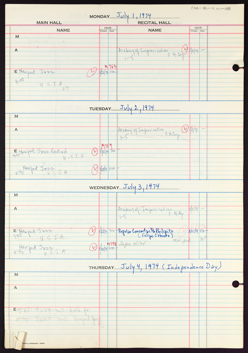 Carnegie Hall Booking Ledger, volume 19, page 88