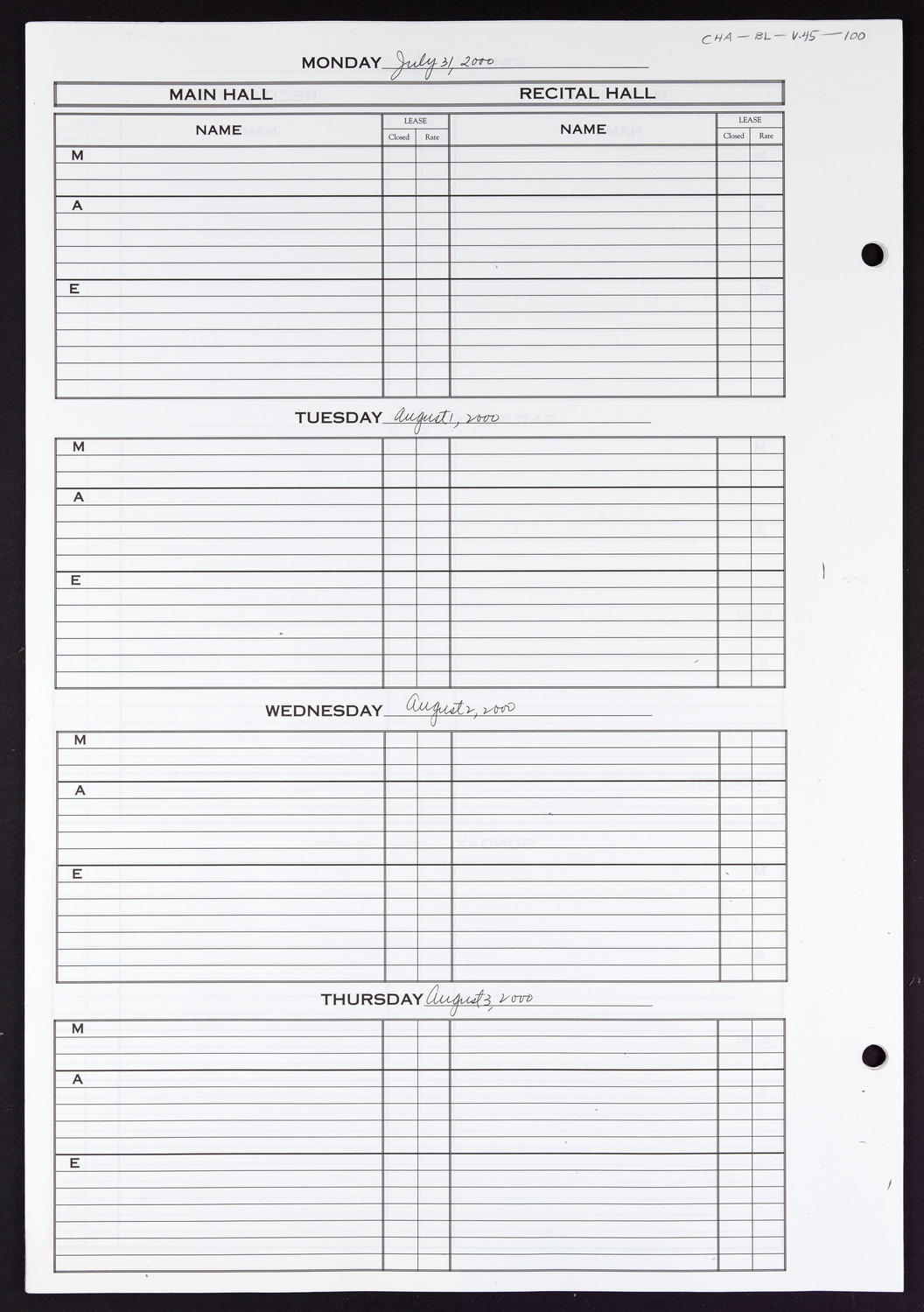 Carnegie Hall Booking Ledger, volume 45, page 100