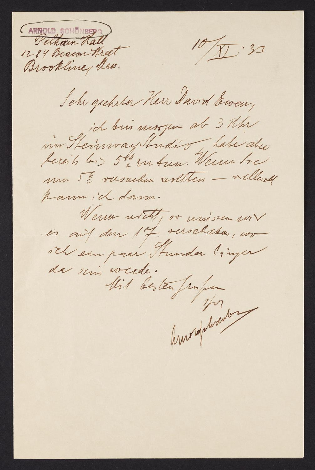 Correspondence from Arnold Schoenberg to David Ewen