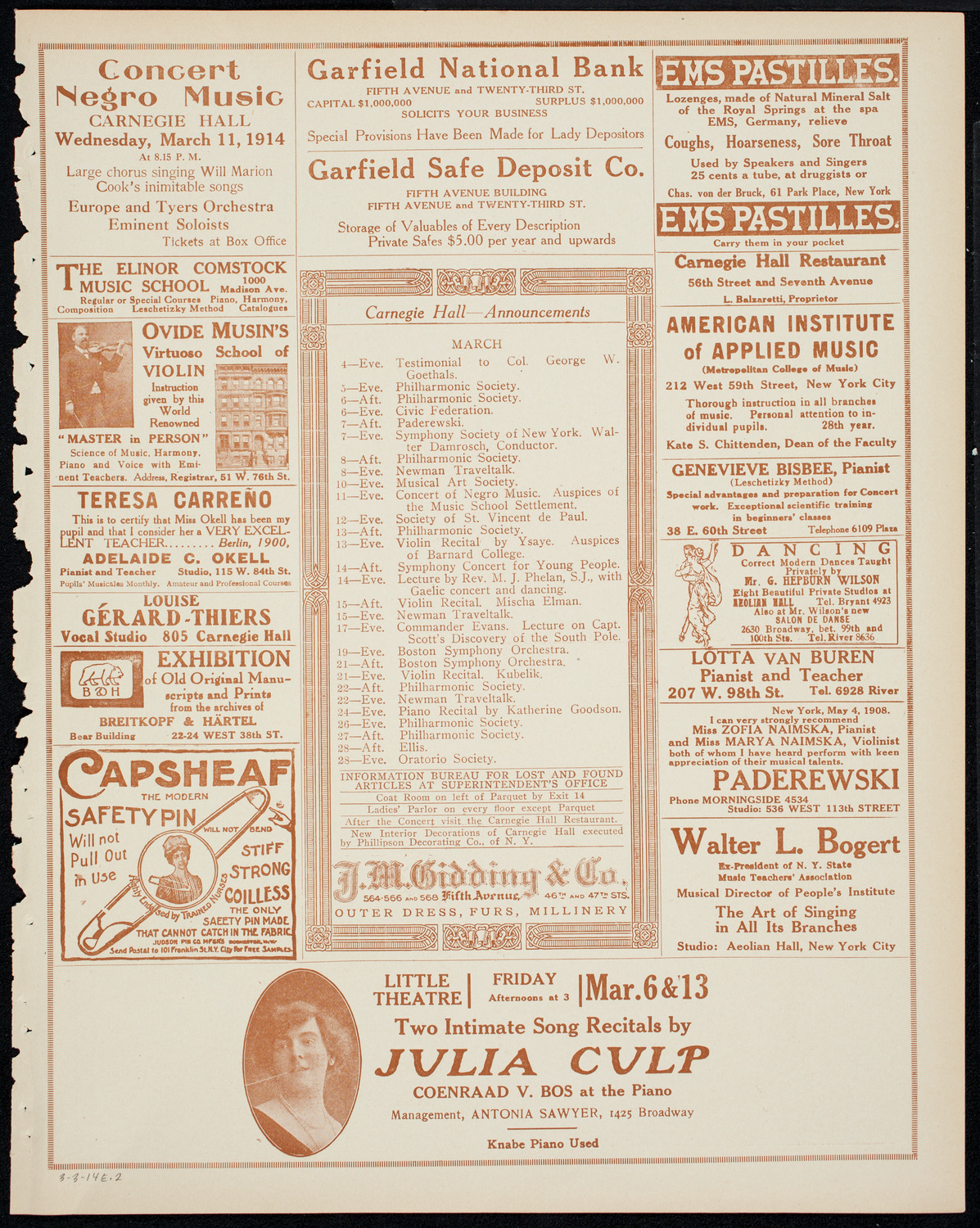 Meeting: Intercollegiate Y.M.C.A., March 3, 1914, program page 3