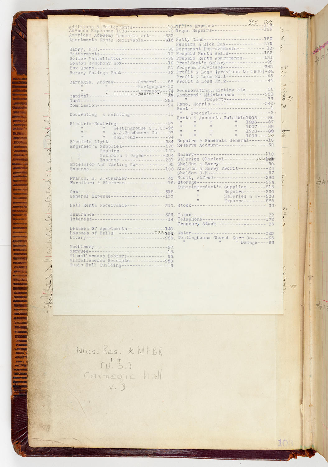 Music Hall Accounting Ledger, volume 3, inside front cover (with overlay) page 1
