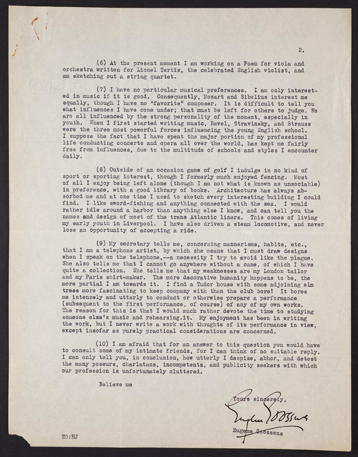 Correspondence from Eugene Goossens to David Ewen, page 2 of 2