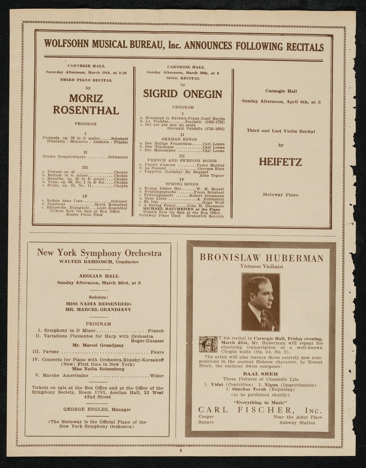 Bronislaw Huberman, Violin, March 21, 1924, program page 8