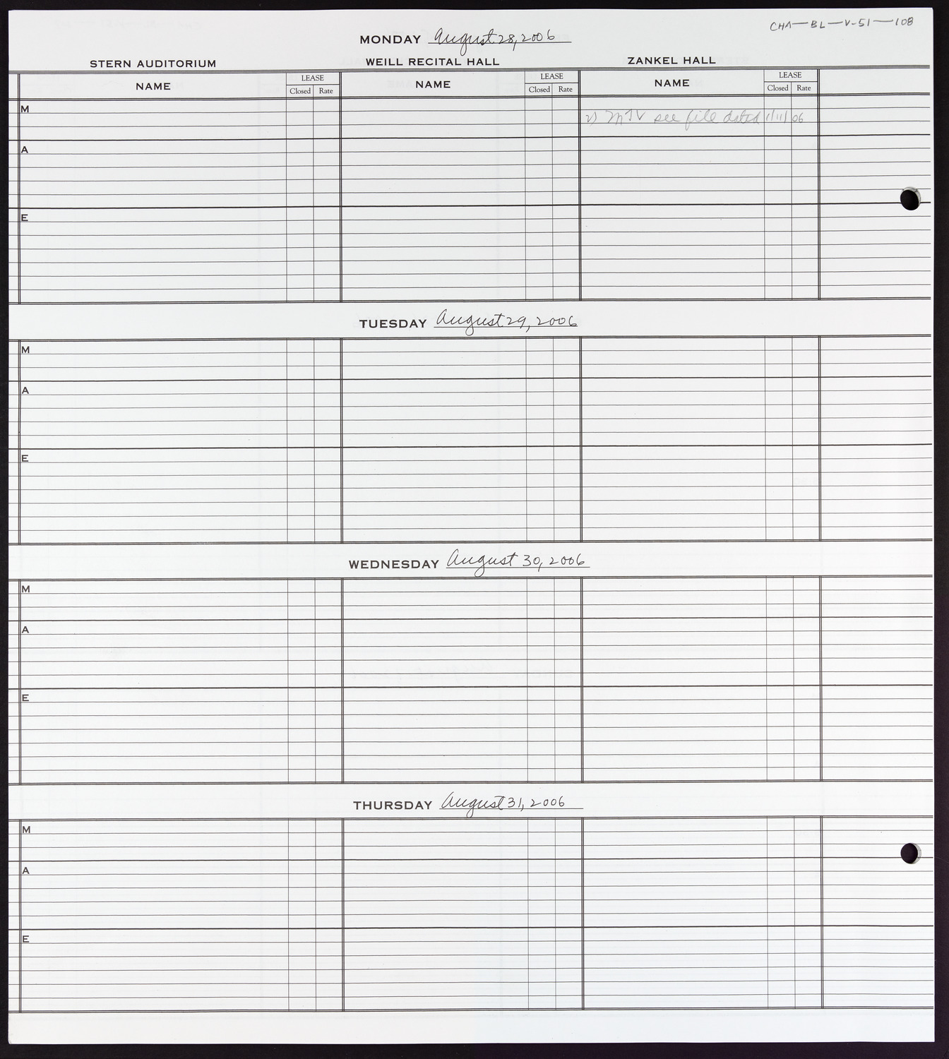 Carnegie Hall Booking Ledger, volume 51, page 108