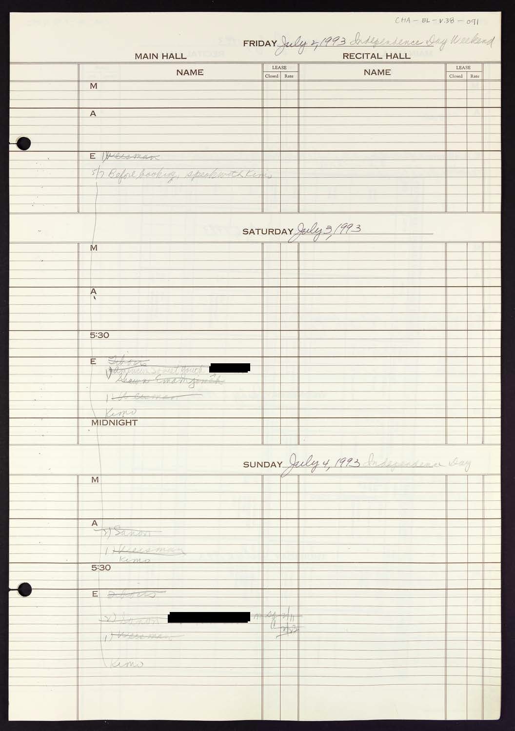 Carnegie Hall Booking Ledger, volume 38, page 91