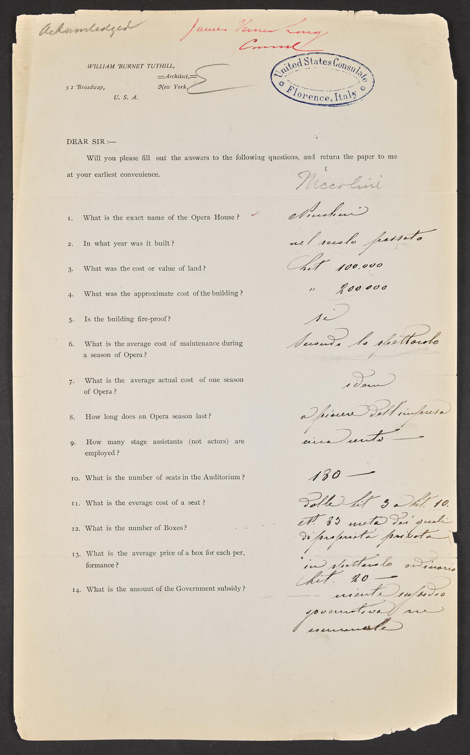 Questionnaire to Regio Teatro della Pergola, May 5, 1893, page 2 of 4