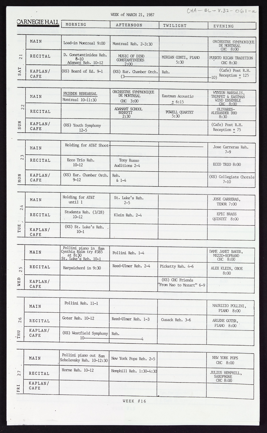 Carnegie Hall Booking Ledger, volume 32, page 61a