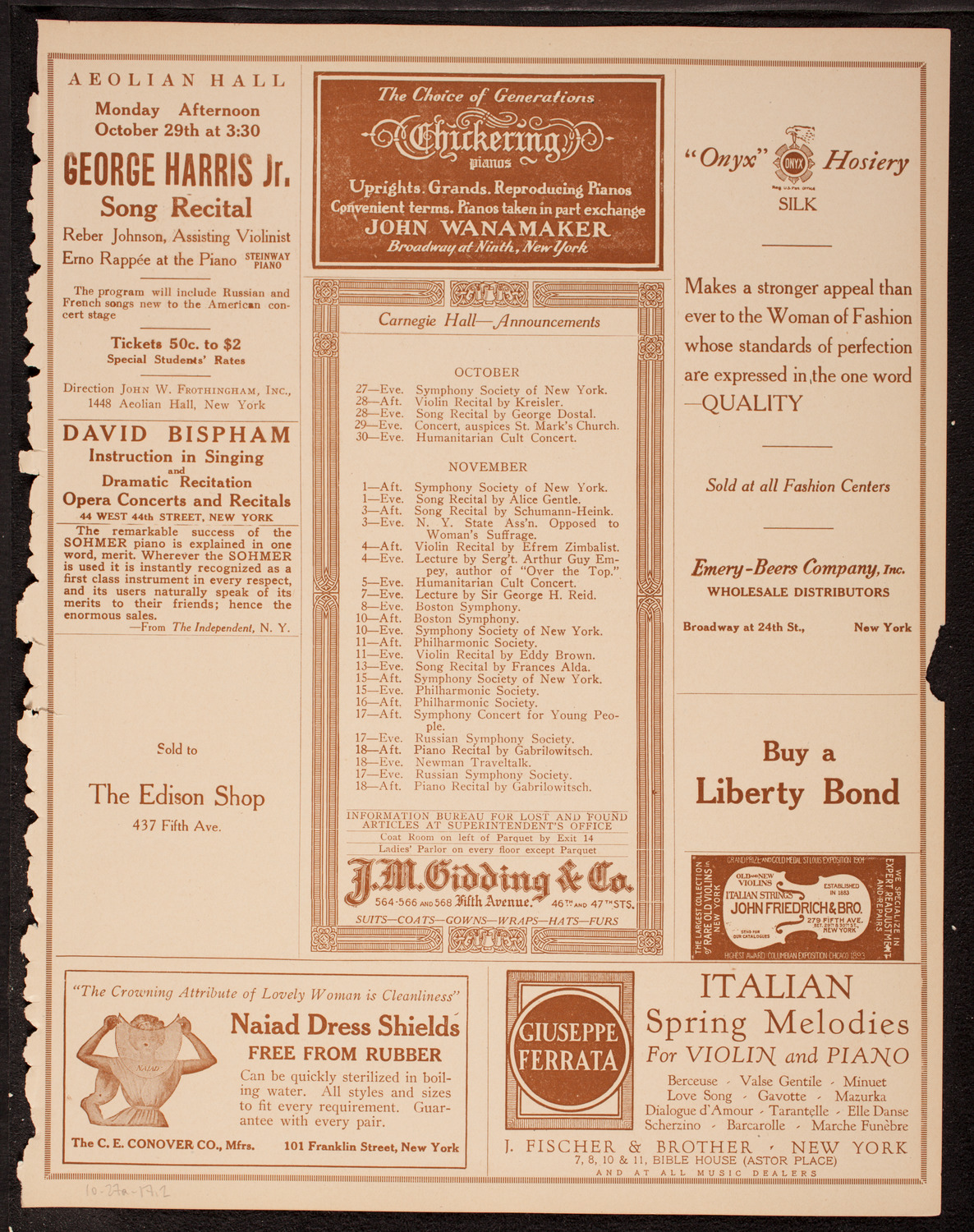 Jascha Heifetz, Violin, October 27, 1917, program page 3