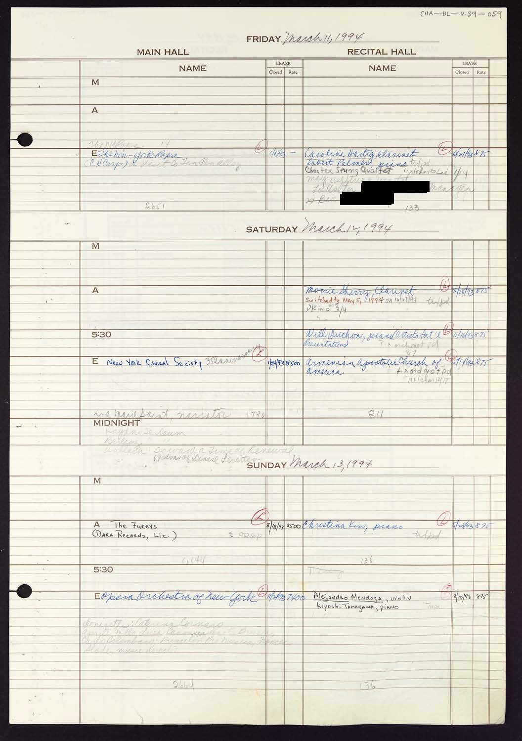 Carnegie Hall Booking Ledger, volume 39, page 59