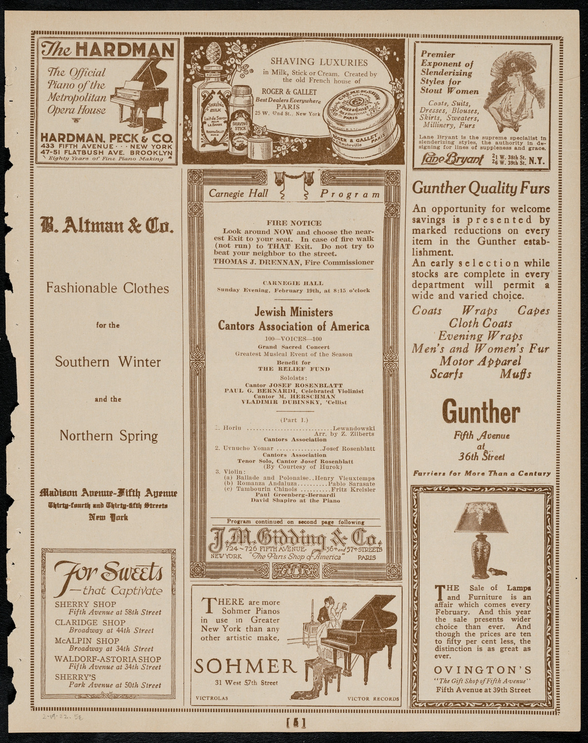 Jewish Ministers Cantors Association of America, February 19, 1922, program page 5