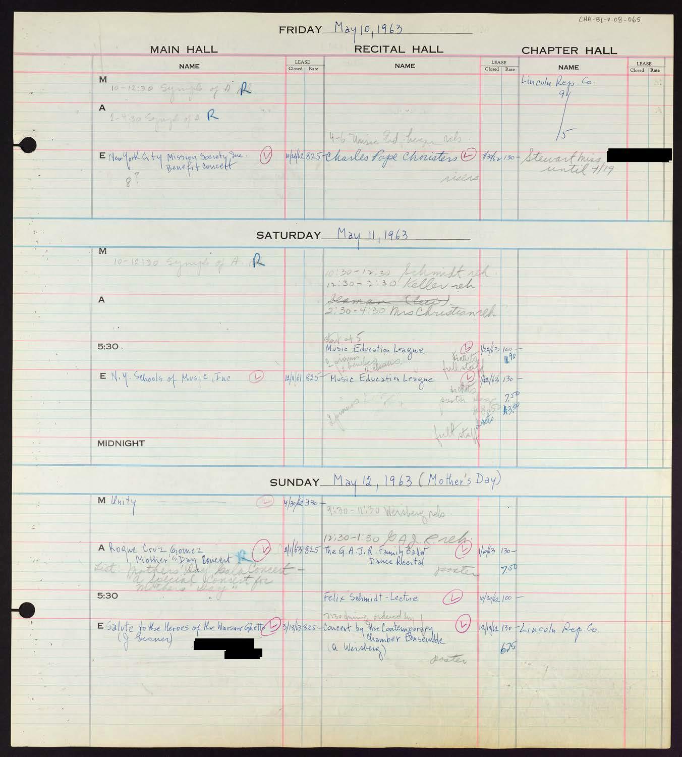 Carnegie Hall Booking Ledger, volume 8, page 65