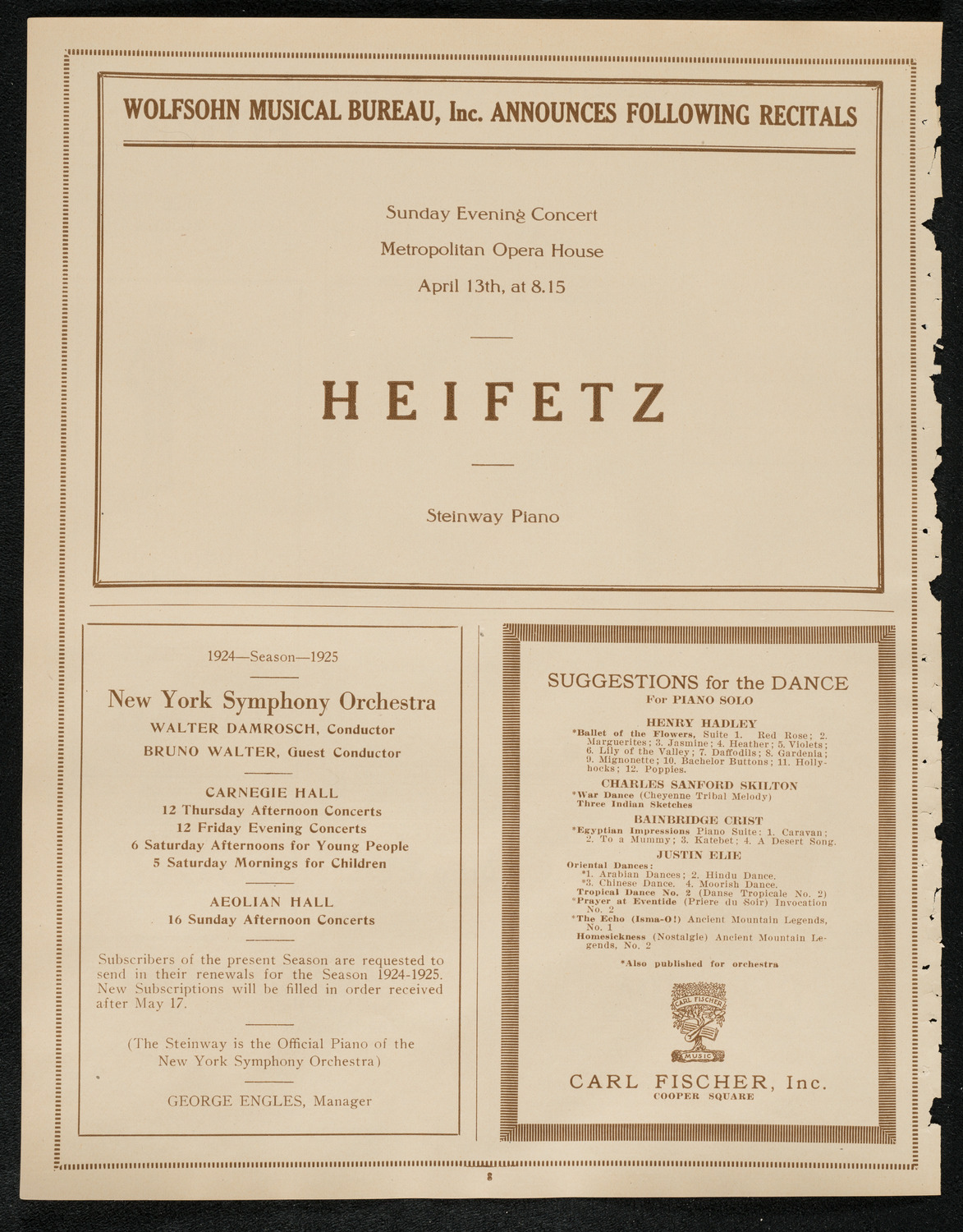 Efrem Zimbalist, Violin, April 13, 1924, program page 8