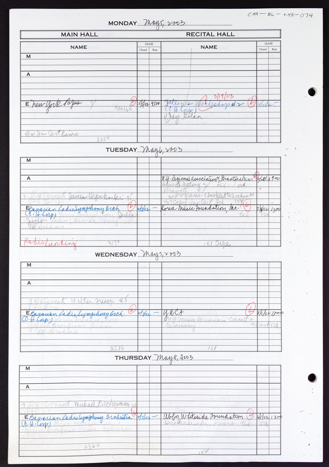 Carnegie Hall Booking Ledger, volume 48, page 74