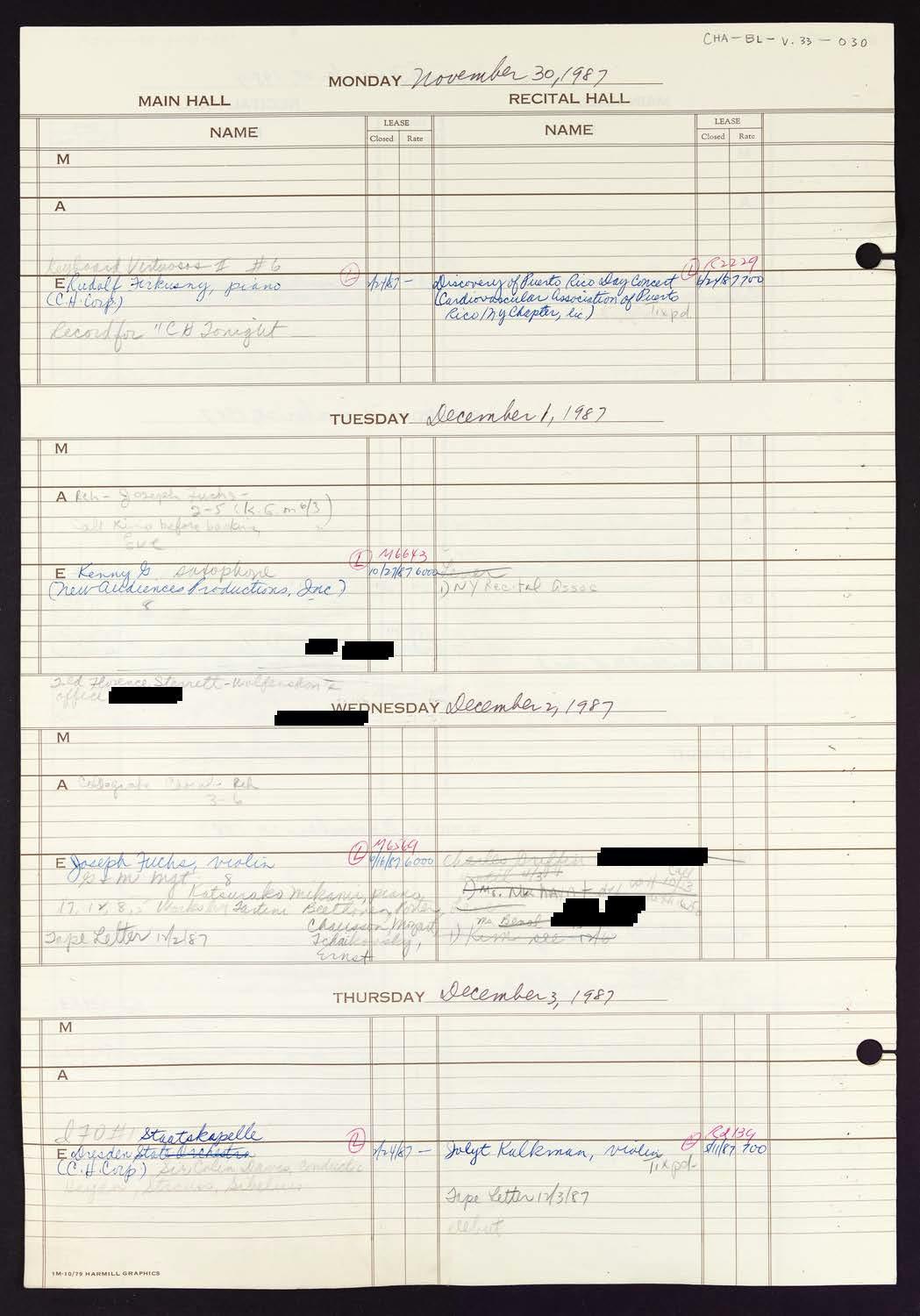 Carnegie Hall Booking Ledger, volume 33, page 30