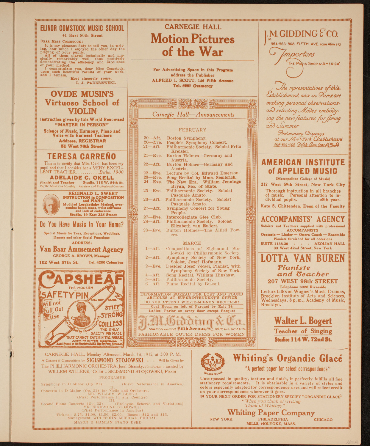 Boston Symphony Orchestra, February 18, 1915, program page 3