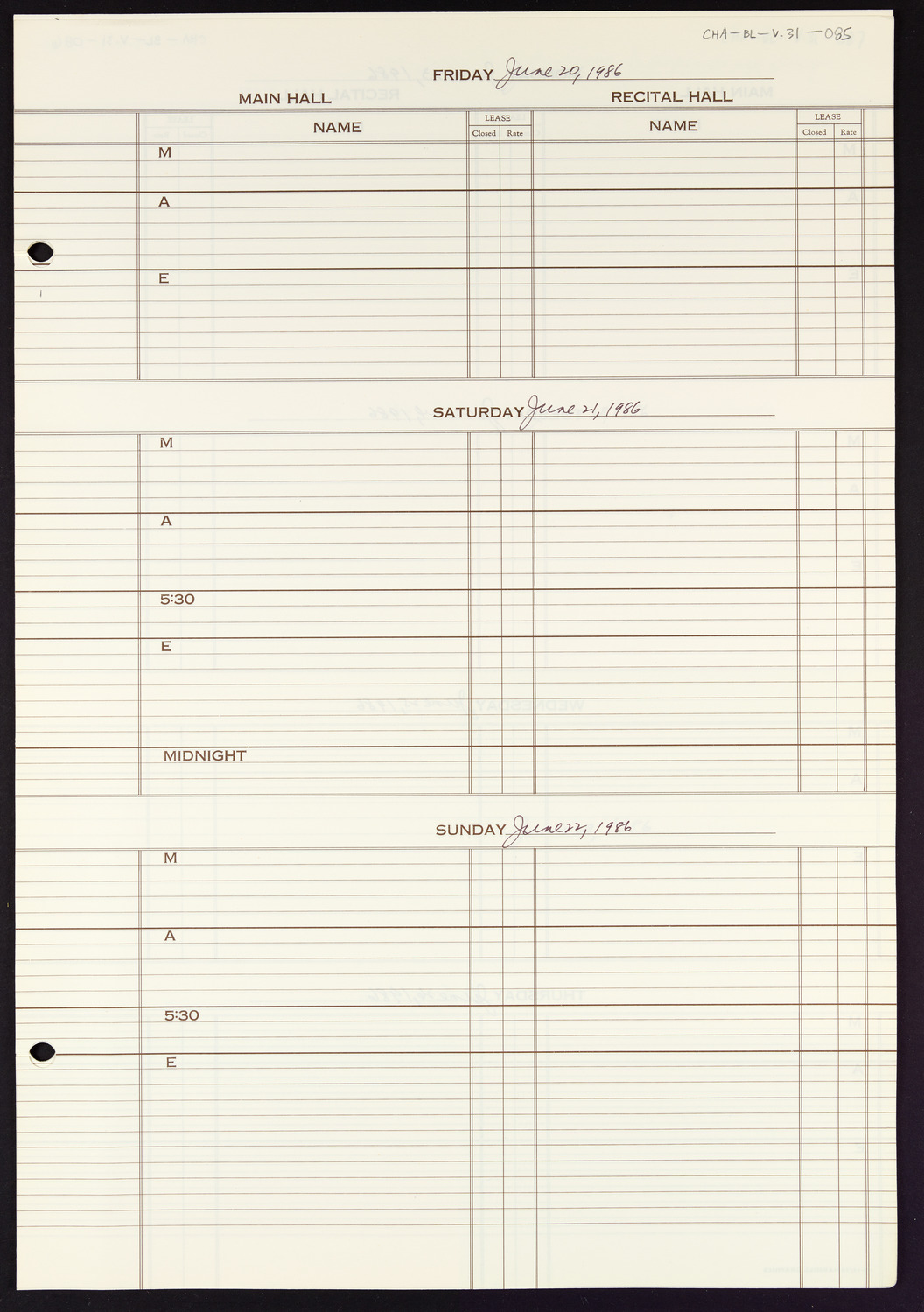 Carnegie Hall Booking Ledger, volume 31, page 85