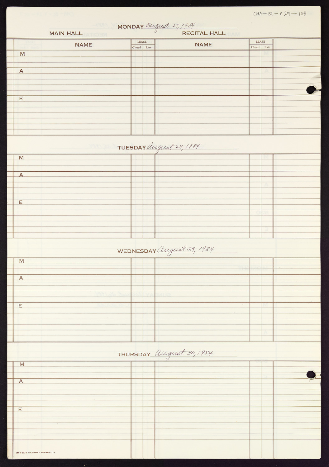 Carnegie Hall Booking Ledger, volume 29, page 108