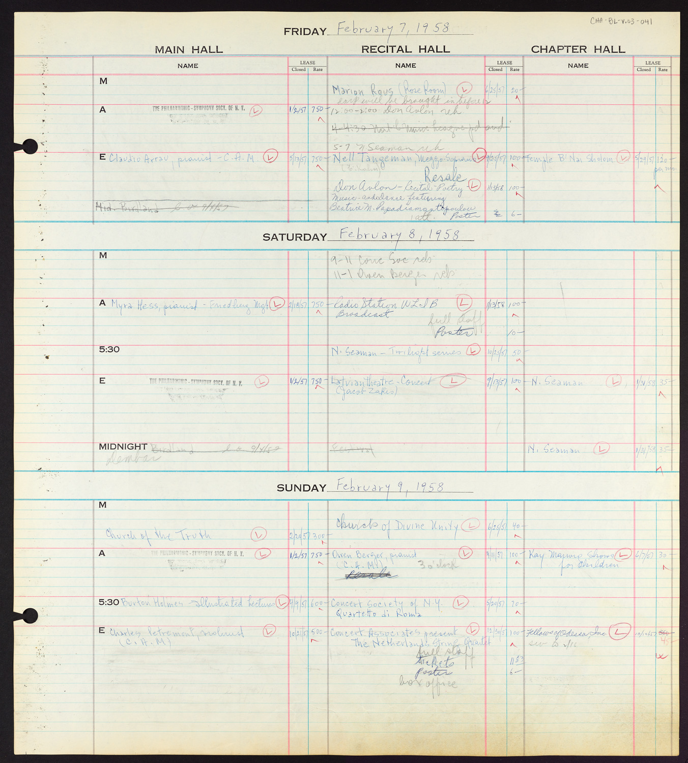 Carnegie Hall Booking Ledger, volume 3, page 41