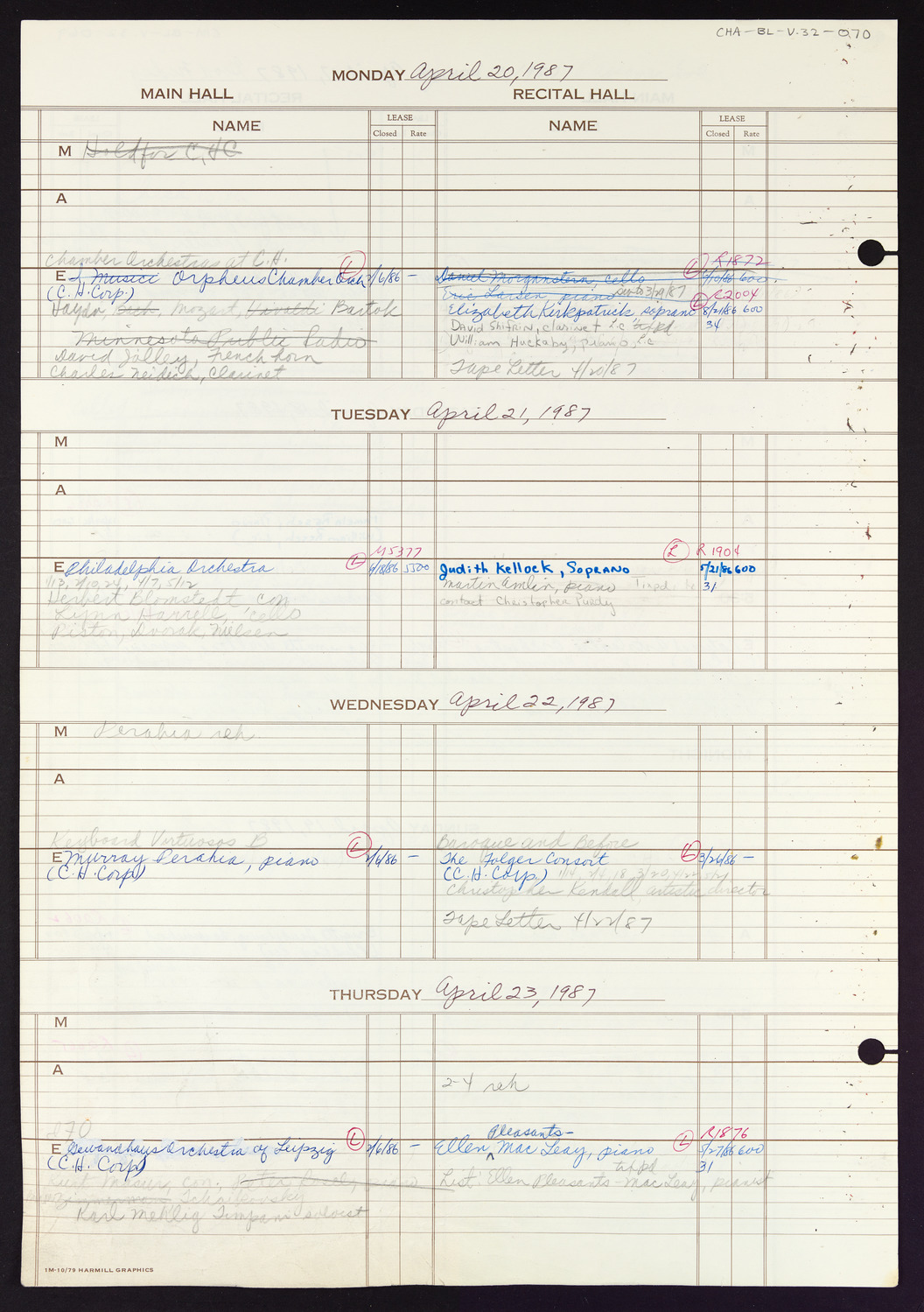 Carnegie Hall Booking Ledger, volume 32, page 70