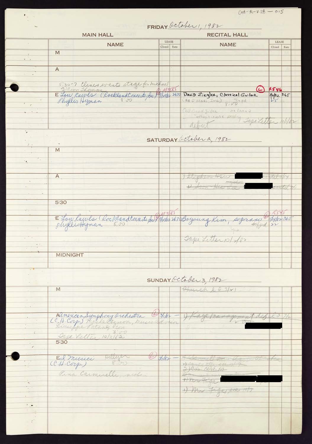 Carnegie Hall Booking Ledger, volume 28, page 15