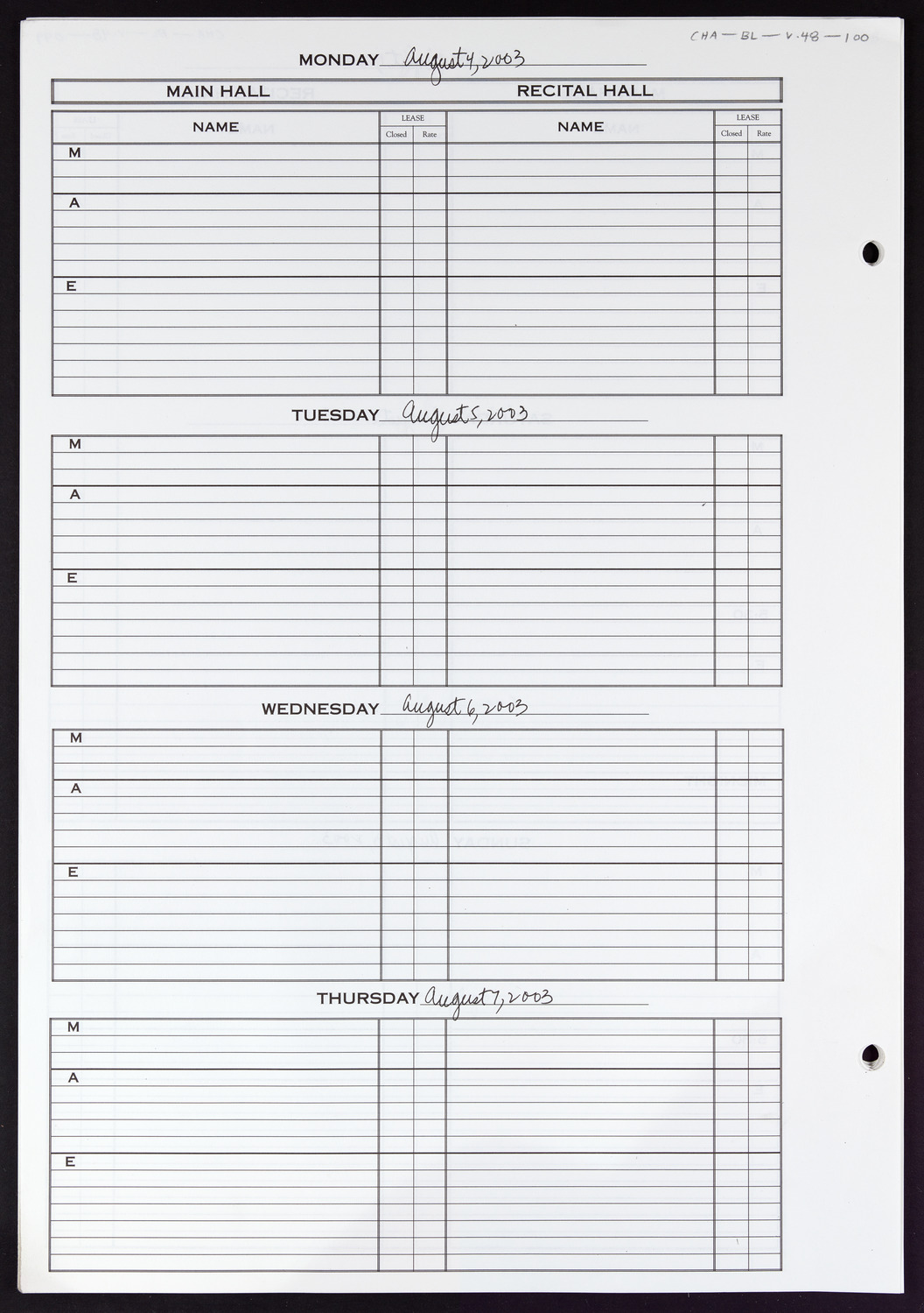 Carnegie Hall Booking Ledger, volume 48, page 100