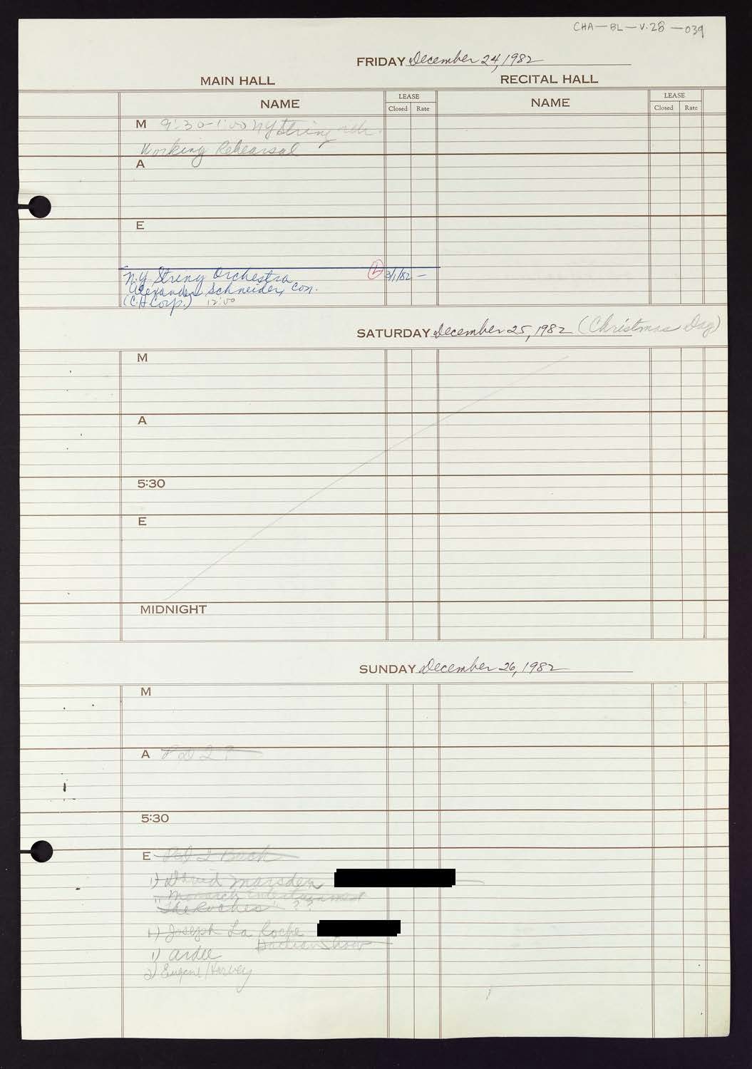 Carnegie Hall Booking Ledger, volume 28, page 39