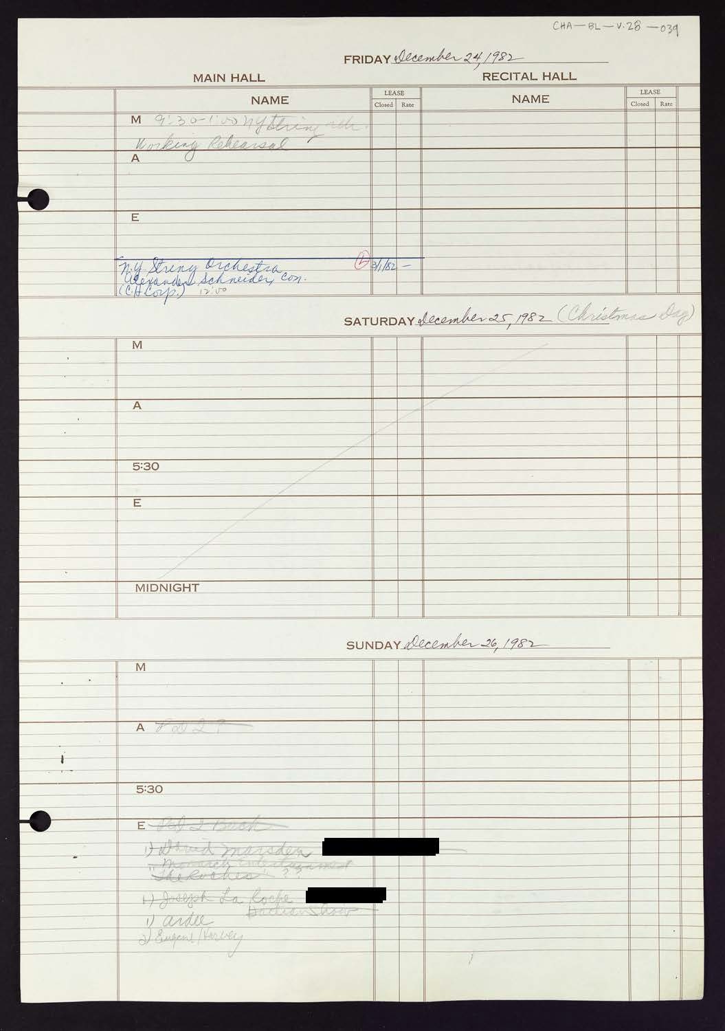 Carnegie Hall Booking Ledger, volume 28, page 39