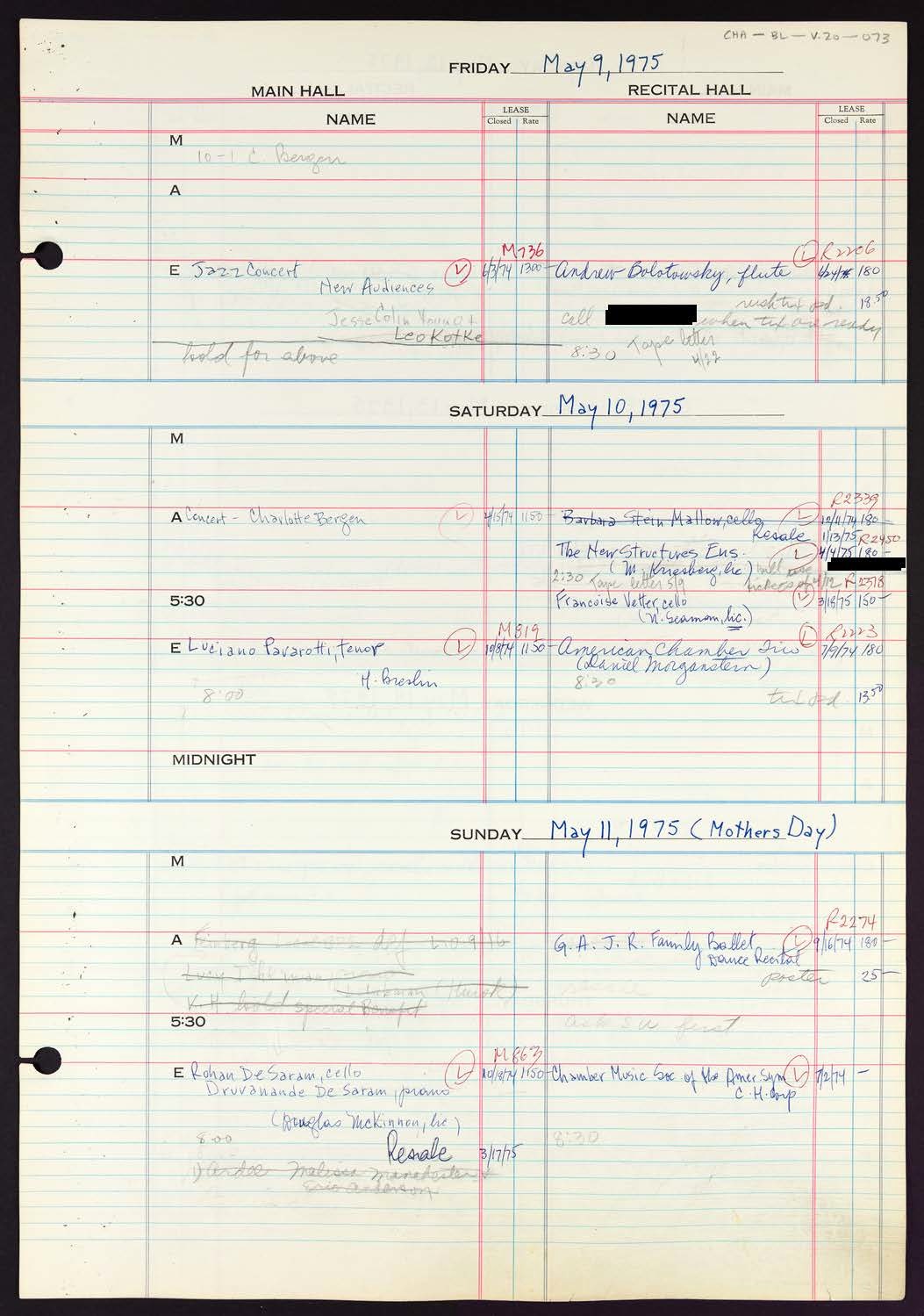 Carnegie Hall Booking Ledger, volume 20, page 73