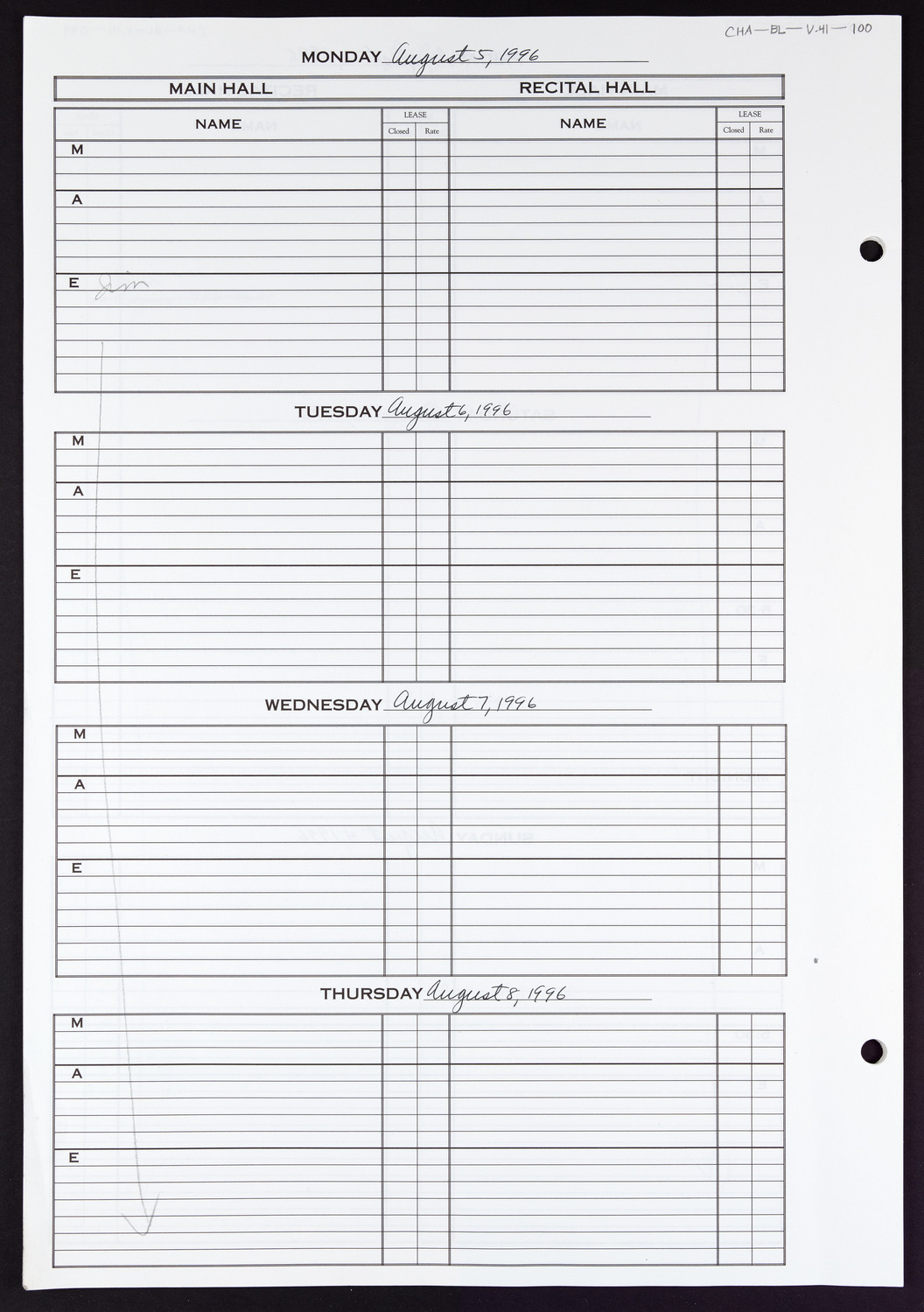 Carnegie Hall Booking Ledger, volume 41, page 100