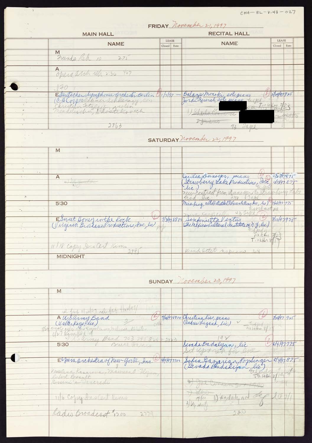 Carnegie Hall Booking Ledger, volume 43, page 27