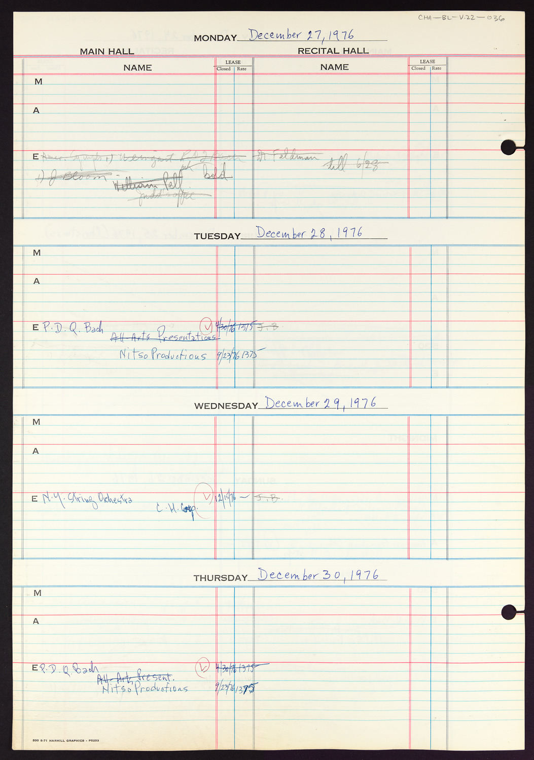 Carnegie Hall Booking Ledger, volume 22, page 36