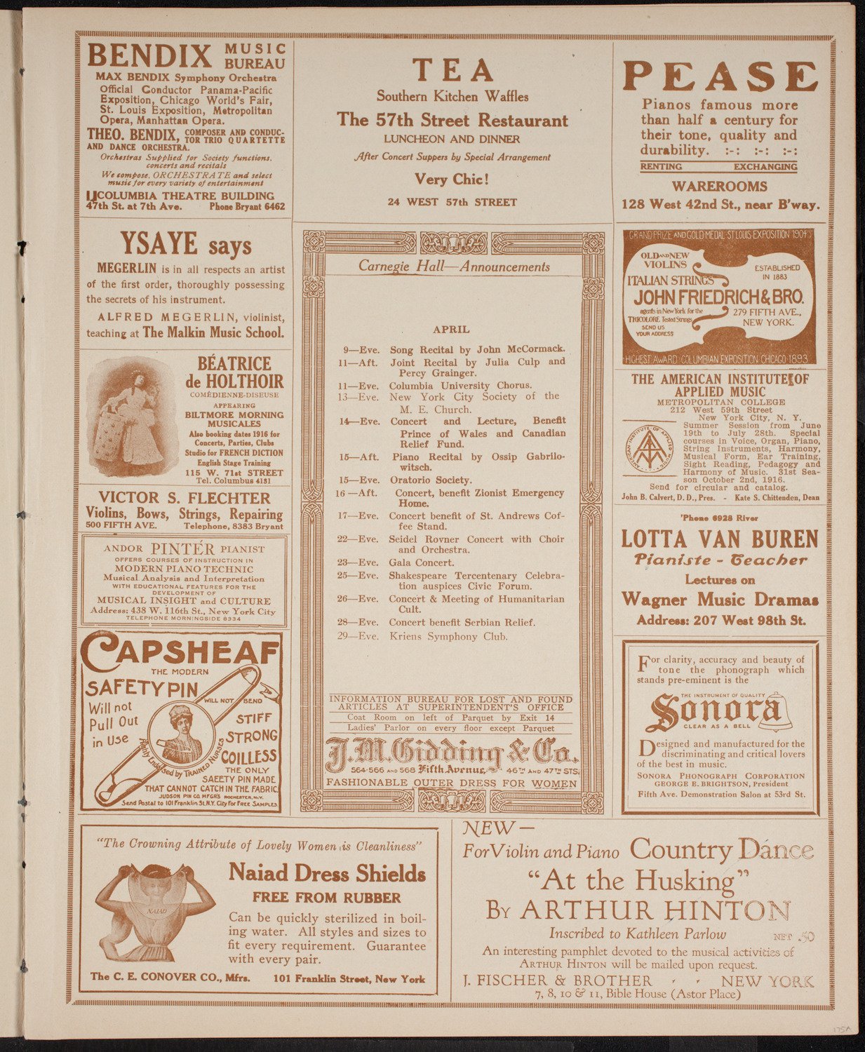 Fritz Kreisler, Violin, April 9, 1916, program page 3