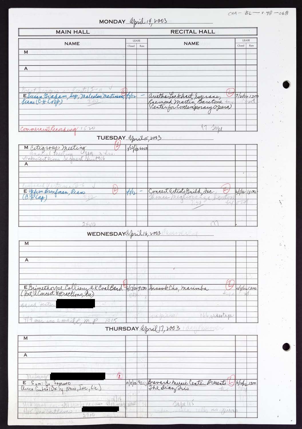 Carnegie Hall Booking Ledger, volume 48, page 68