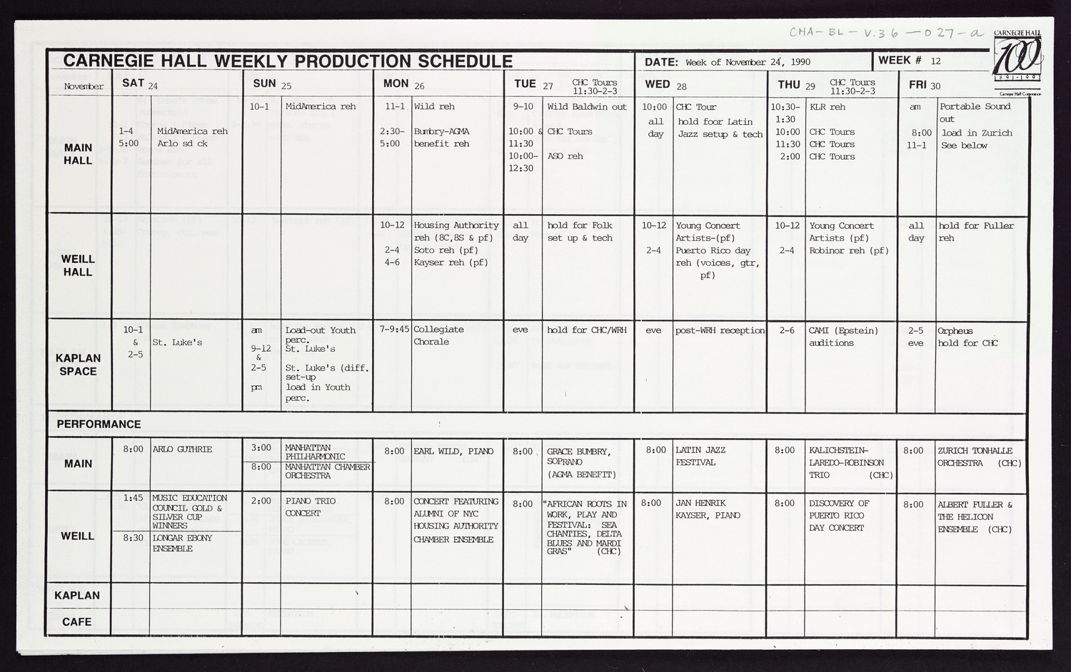 Carnegie Hall Booking Ledger, volume 36, page 27a