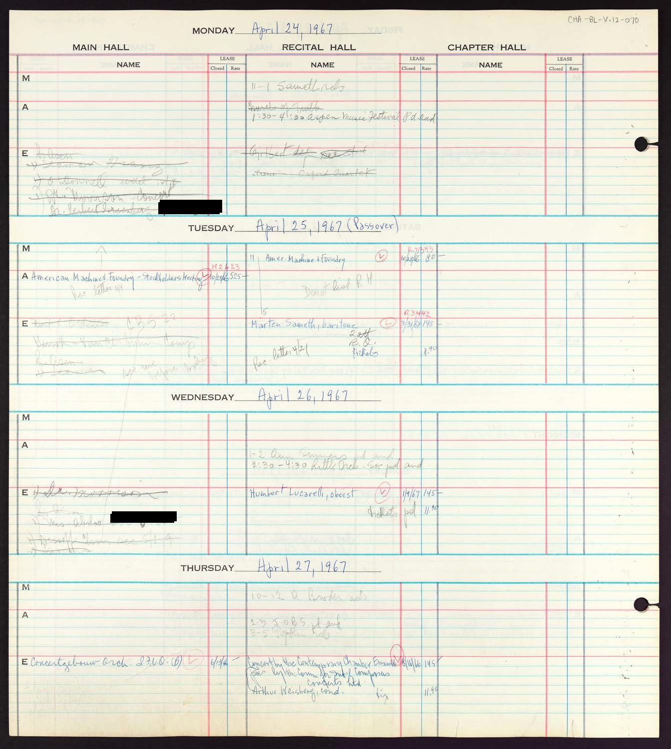 Carnegie Hall Booking Ledger, volume 12, page 70