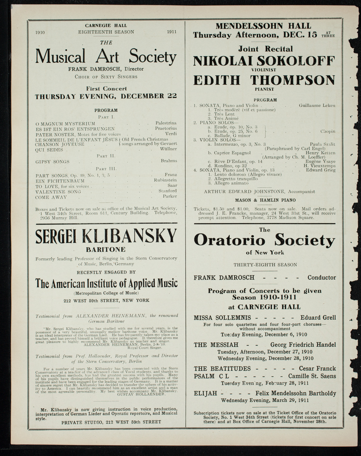 Russian Symphony Society of New York, November 17, 1910, program page 10