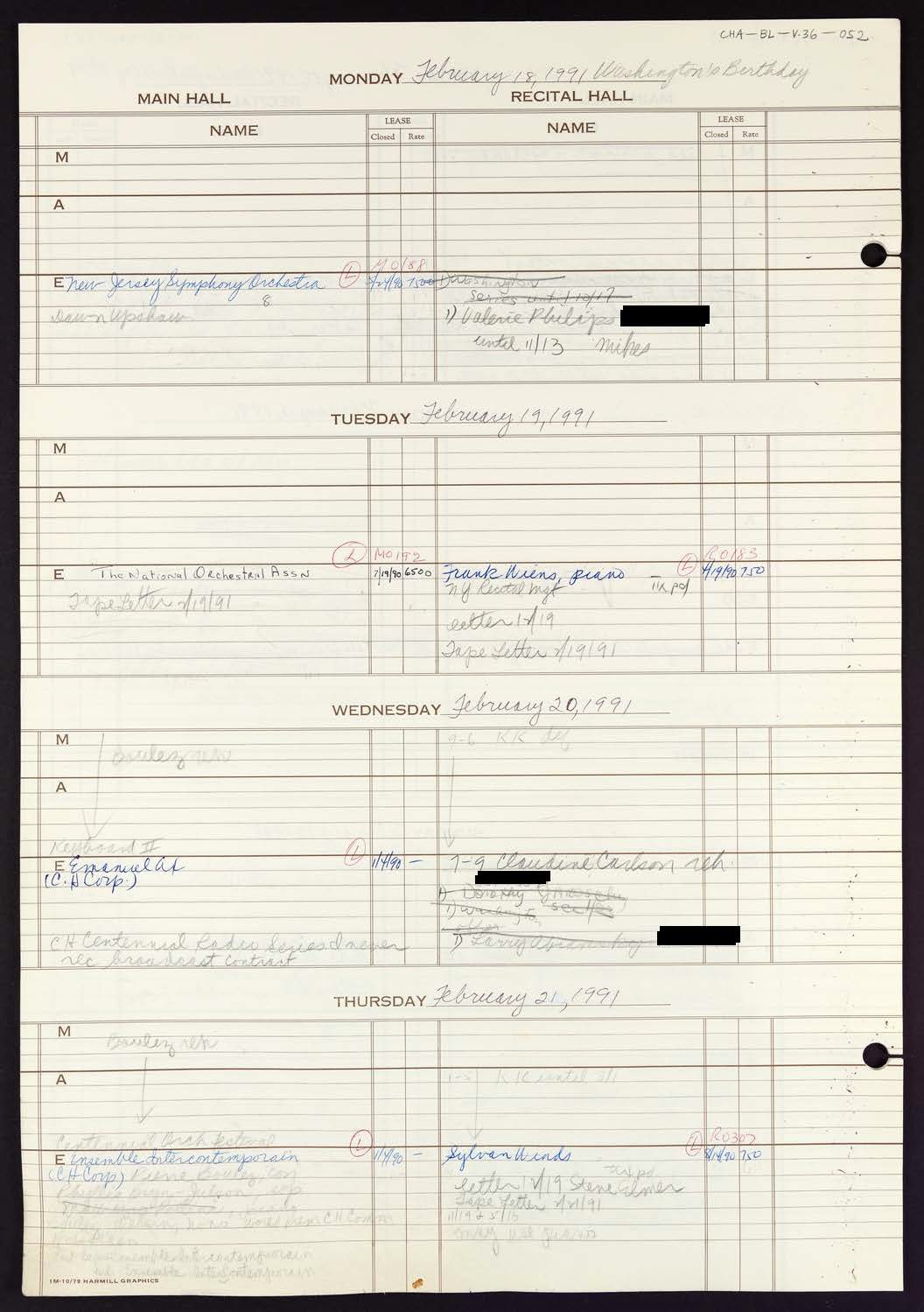 Carnegie Hall Booking Ledger, volume 36, page 52