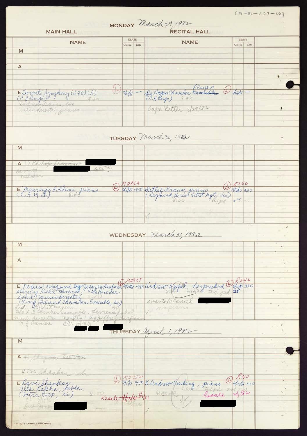 Carnegie Hall Booking Ledger, volume 27, page 64