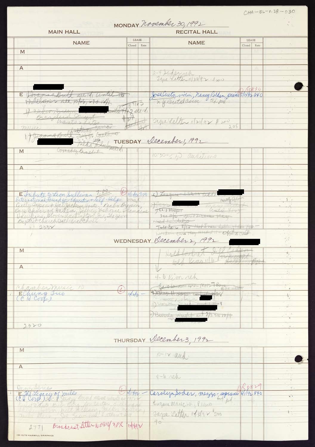 Carnegie Hall Booking Ledger, volume 38, page 30