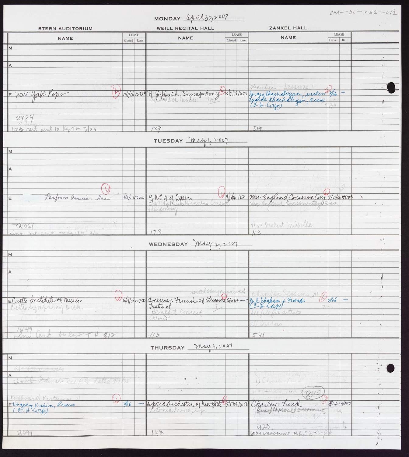 Carnegie Hall Booking Ledger, volume 52, page 72