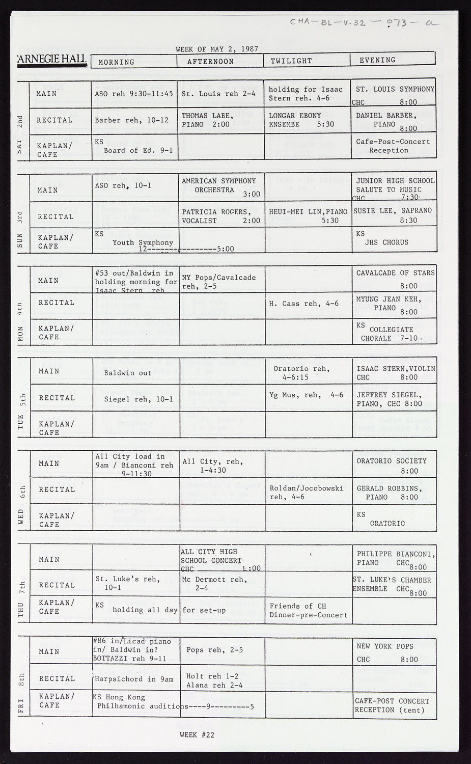 Carnegie Hall Booking Ledger, volume 32, page 73a